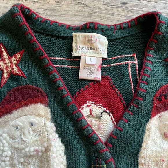 Vintage Christmas Vest Large Ugly Santa Hand Embroidered Green White Red Patch - Picture 3 of 8